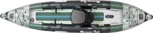 Overhead view of a green and white Sea Eagle 385fta FastTrack Angler inflatable kayak with a black seat.