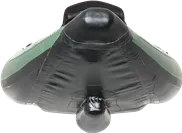 Front view of a green and black Sea Eagle 385fta FastTrack Angler inflatable kayak with a sharp bow and NeedleKnife keel.