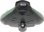 Front view of a green and black Sea Eagle 385fta FastTrack Angler inflatable kayak with a sharp bow and NeedleKnife keel.