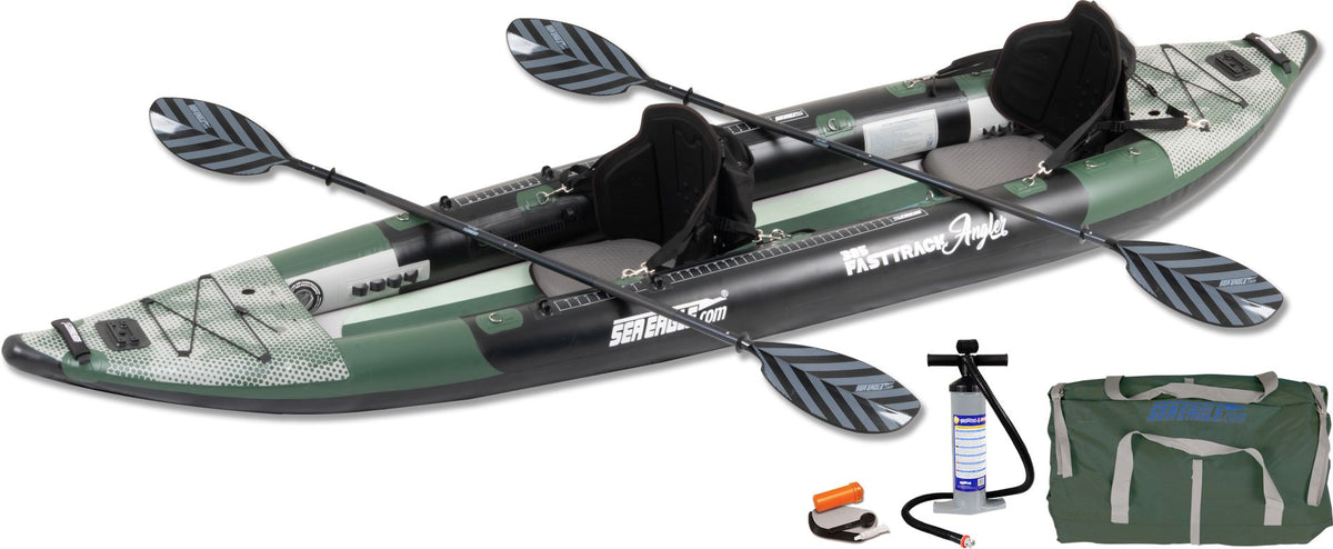 Green and black Sea Eagle 385fta FastTrack Angler inflatable kayak with two paddles, pump, and carry bag.