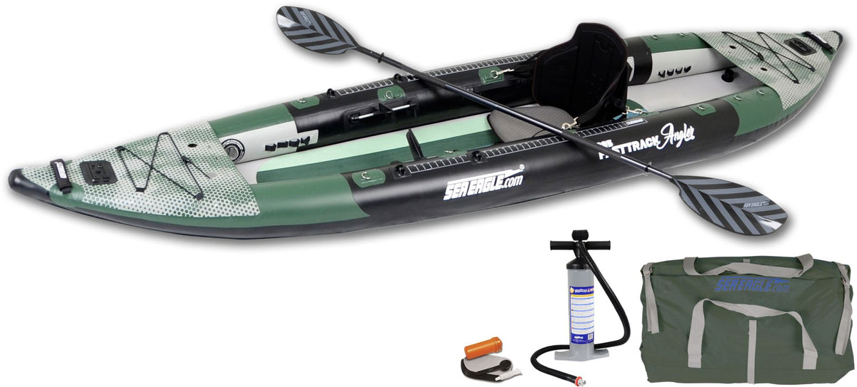 Green and black Sea Eagle 385fta FastTrack Angler inflatable kayak with paddle, pump, and carry bag.