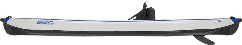 White and blue Sea Eagle 393rl RazorLite inflatable kayak with black fin and seat.