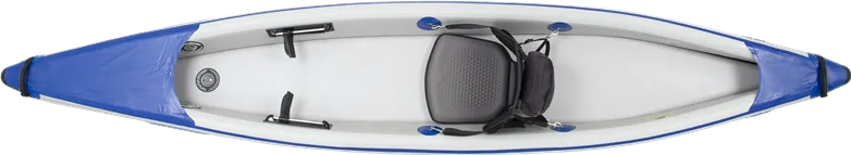Top-down view of a blue and white Sea Eagle 393rl RazorLite inflatable kayak with a black seat and footrests.