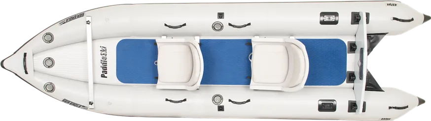 Top-down view of a white Sea Eagle 437ps PaddleSki inflatable catamaran with blue deck and two white seats.