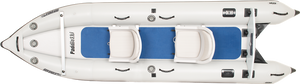 Top-down view of a white Sea Eagle 437ps PaddleSki inflatable catamaran with blue deck and two white seats.