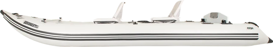 White Sea Eagle 437ps PaddleSki inflatable catamaran boat with two seats and black stripes.