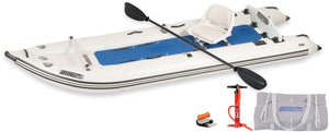 White Sea Eagle 437ps PaddleSki inflatable catamaran boat with a paddle, seat, pump, and carry bag.