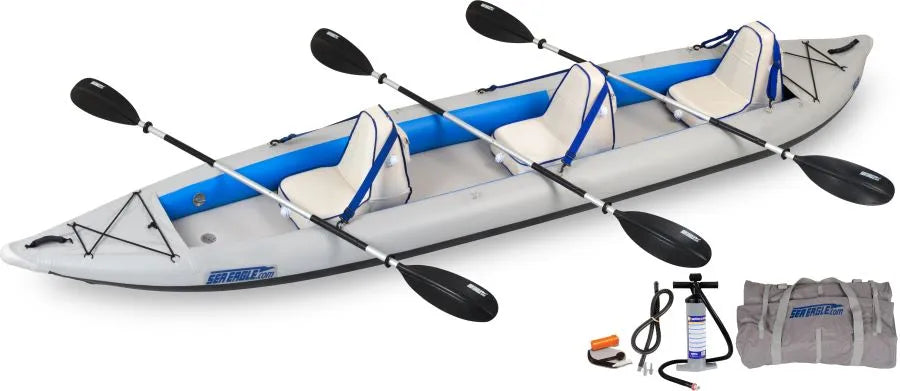 Gray and blue Sea Eagle 465ft FastTrack inflatable kayak with three seats, three paddles, pump, and carry bag.