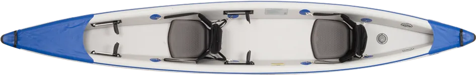 Top-down view of a white and blue Sea Eagle 473rl inflatable tandem kayak with two gray seats.