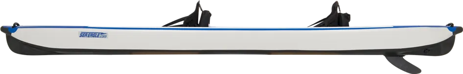 White and blue Sea Eagle 473rl RazorLite inflatable kayak with two black seats and a fin.