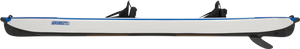 White and blue Sea Eagle 473rl RazorLite inflatable kayak with two black seats and a fin.