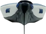 Sea Eagle 473rl inflatable kayak, white and gray with a black tapered hard-nose bow and fin.