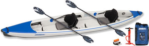 White and blue Sea Eagle 473rl inflatable tandem kayak with two paddles, pump, and storage bag.