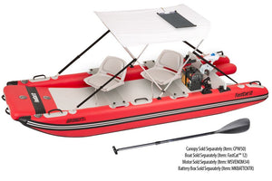 Red inflatable Sea Eagle FastCat 12 catamaran boat with two grey seats, a white canopy, and a black paddle.