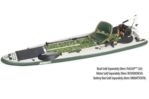 Sea Eagle 50W semi-flexible solar panel, black with white text, on a green and white inflatable paddleboard.