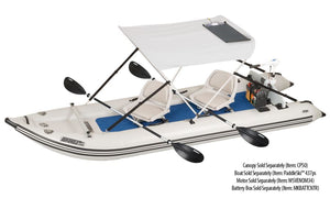 Sea Eagle 50W semi-flexible solar panel on a white canopy, mounted on a gray inflatable boat.