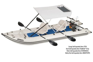 Sea Eagle 50W semi-flexible solar panel on a white canopy, mounted on a gray inflatable boat.