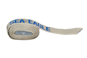 Rolled beige Sea Eagle 6 ft. strap with blue logo and metal buckle.
