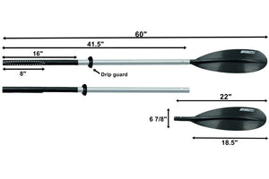 Sea Eagle AB252 5' (2 Part) oars with silver aluminum shafts, black ABS blades, and drip guards.