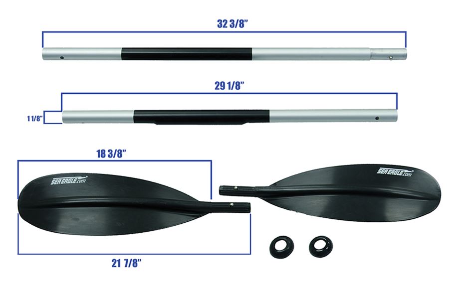 Sea Eagle AB30 7'10" 4-part paddle with silver aluminum shaft and black asymmetrical fiberglass reinforced nylon blades.