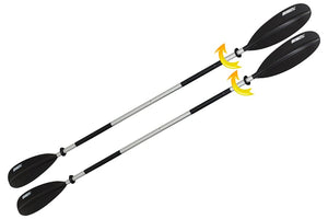 Two black and silver Sea Eagle AB30 7'10" 4-part paddles with asymmetrical blades.