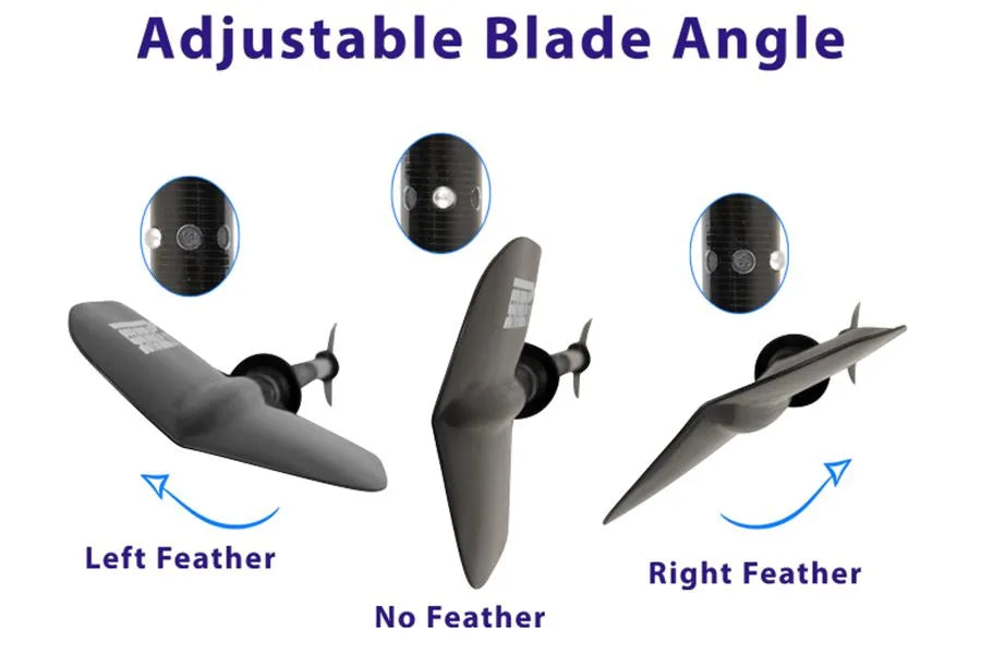 Sea Eagle AB50 8' paddle with adjustable blade angles: left, no, and right feathering.
