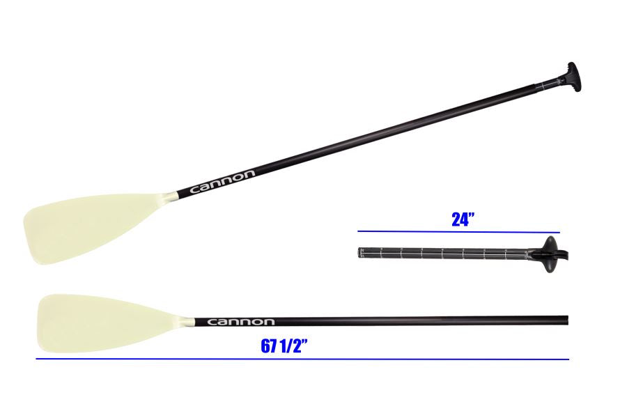 Black carbon fiber SUP paddle with a cream-colored dihedral blade and ergonomic grip, shown assembled and in two pieces.