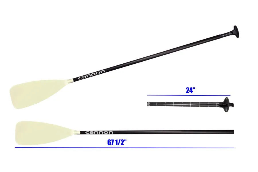 Black carbon fiber SUP paddle with a cream-colored dihedral blade and ergonomic grip, shown assembled and in two pieces.