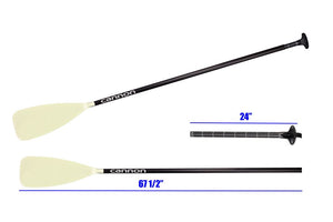 Black carbon fiber SUP paddle with a cream-colored dihedral blade and ergonomic grip, shown assembled and in two pieces.