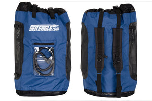 Large blue Sea Eagle backpack with black mesh sides, front pouch, and padded shoulder straps.