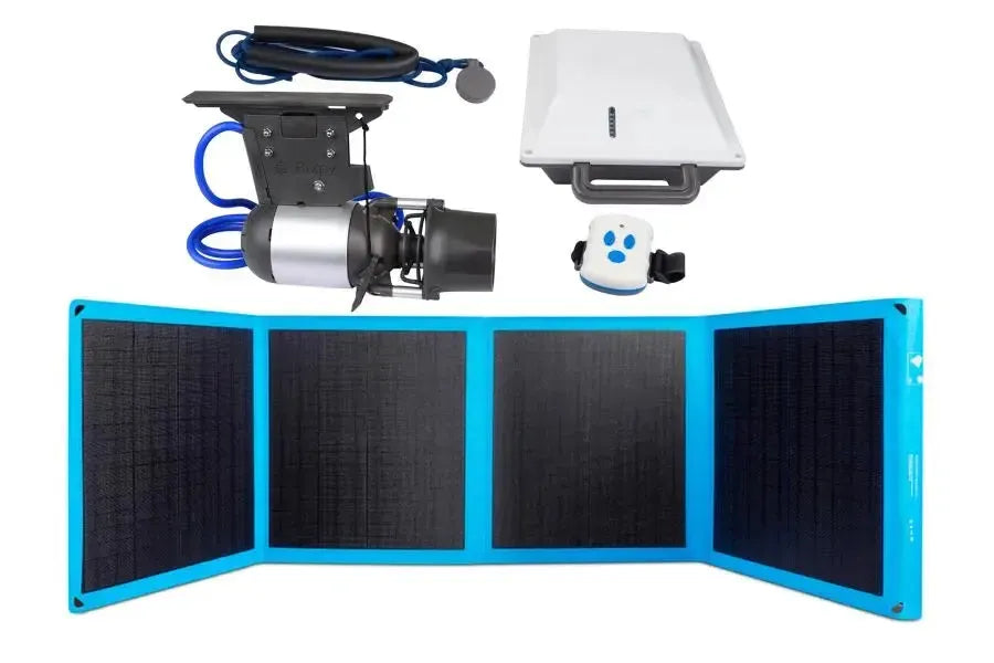 Bixpy K-1 motor kit with silver motor, black mount, blue cables, white battery box, remote, and blue-framed folding solar panel.