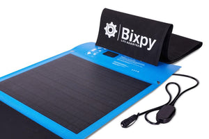 Bixpy K-1 motor and 80W solar panel kit with black foldable panel and blue trim, plus charging cables.