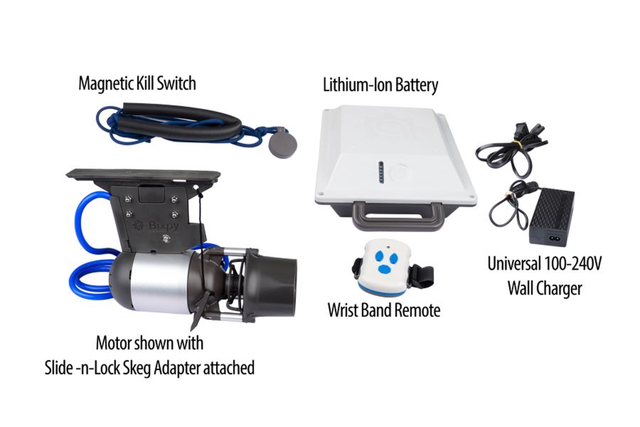 Bixpy K-1 motor with Slide-n-Lock Skeg Adapter, lithium-ion battery, wrist remote, and wall charger.
