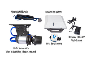 Bixpy K-1 motor with Slide-n-Lock Skeg Adapter, lithium-ion battery, wrist remote, and wall charger.