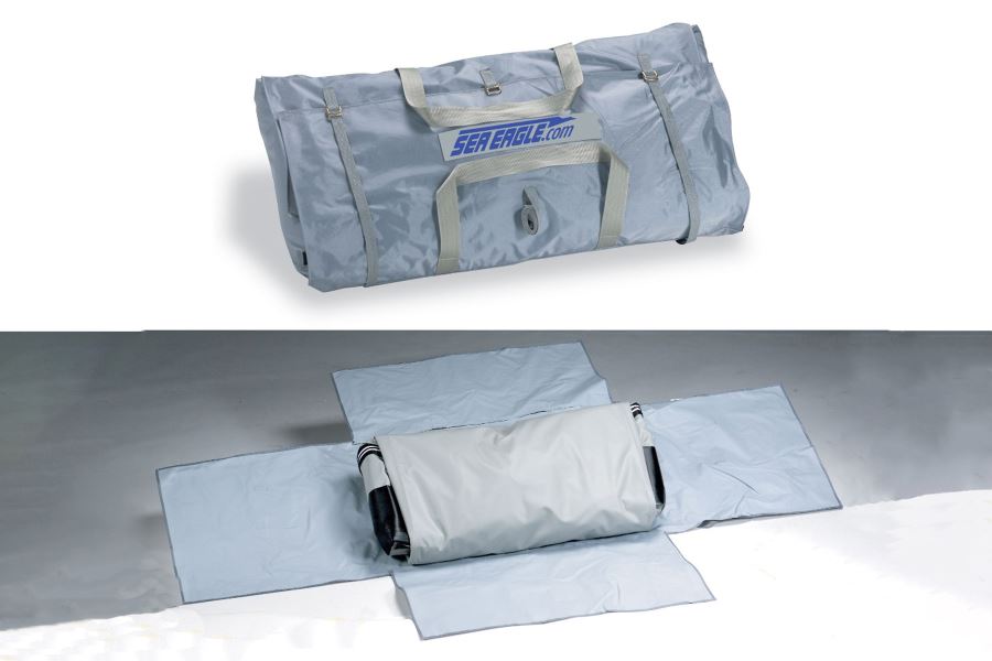 Gray Sea Eagle Boat Carry Bag for FastCat12, shown open and closed, with straps and logo.