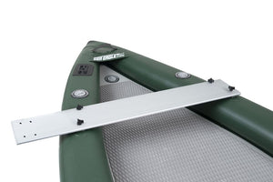 Silver aluminum bow motormount attached to a green Sea Eagle inflatable Fish Skiff.