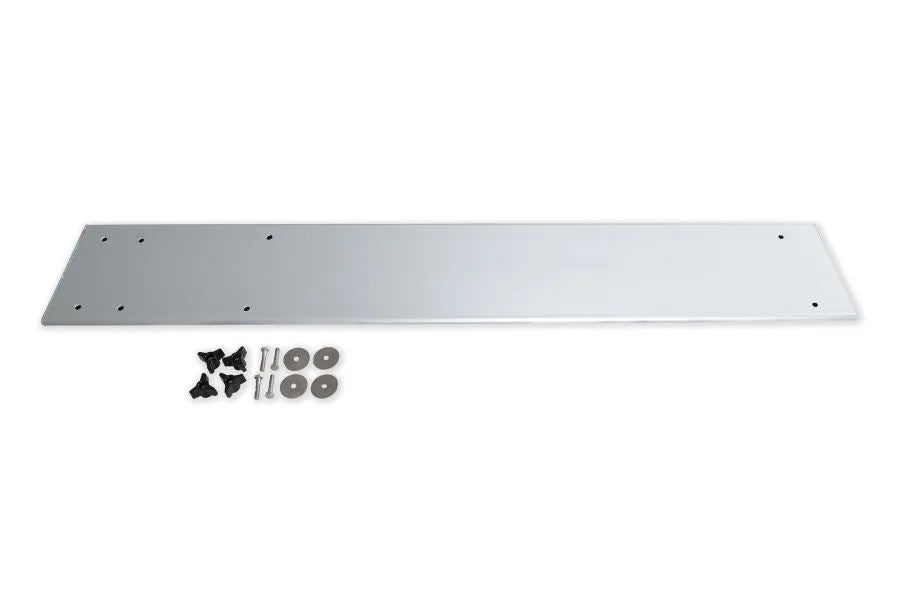 Silver corrosion-resistant aluminum Sea Eagle bow motormount for Fish Skiff, with mounting hardware.