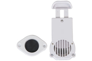 White plastic Sea Eagle drain valve with a 1 1/2" diameter, featuring a slotted cover and mounting hardware.