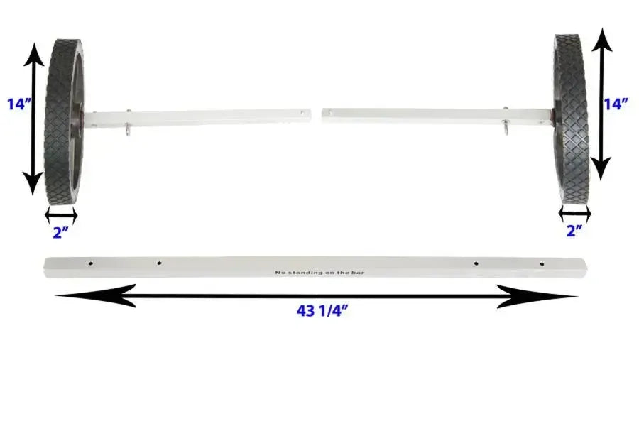 Sea Eagle EZ Cart (wide) with two black 14" wheels, a silver adjustable aluminum axle, and two blue straps.