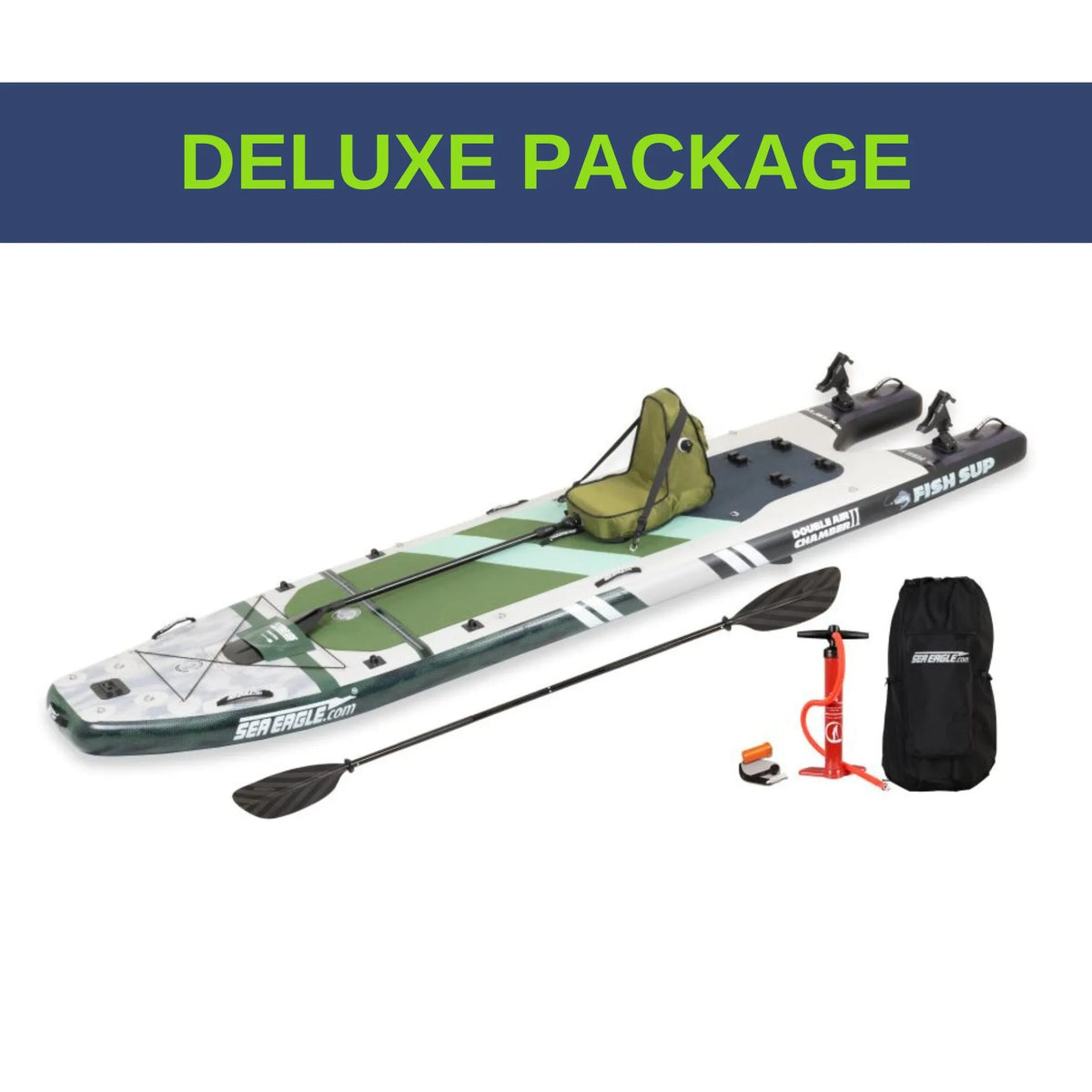 Sea Eagle FS1210 FishSUP Deluxe Package with green and white inflatable board, seat, paddle, pump, and black backpack.