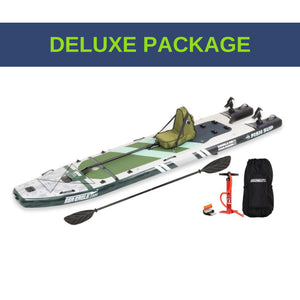 Sea Eagle FS1210 FishSUP Deluxe Package with green and white inflatable board, seat, paddle, pump, and black backpack.