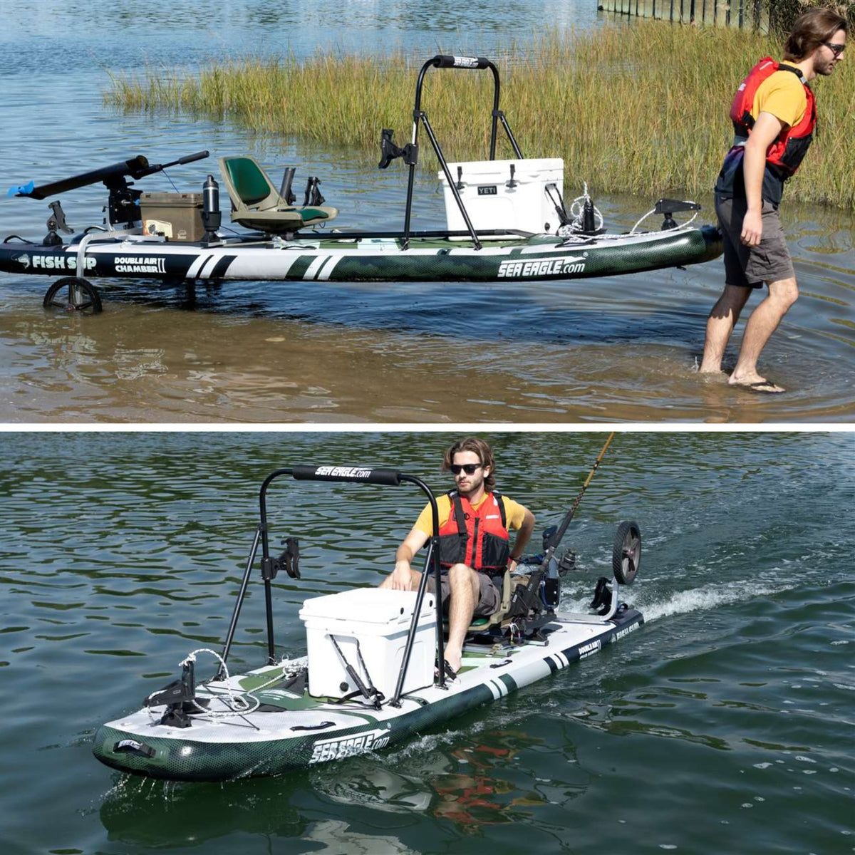 Man launching a green and white Sea Eagle FS1210 FishSUP with motor, seat, and cooler.