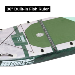 Close-up of the Sea Eagle FS1210 FishSUP's white and green deck with a 36" built-in fish ruler.