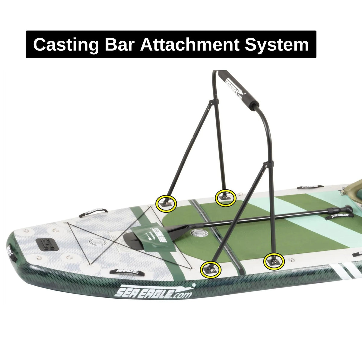Green and white Sea Eagle FS1210 FishSUP with a black casting bar attachment system.