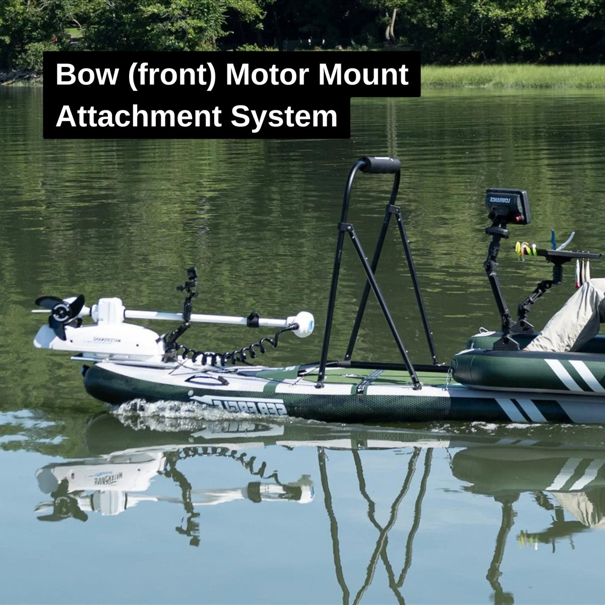 Sea Eagle FS1210 FishSUP with a white bow-mounted eLite electric motor and fishing gear on calm water.