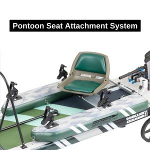 Sea Eagle FS1210 FishSUP with green pontoon seat attachment, rod holders, and dual air chamber design.