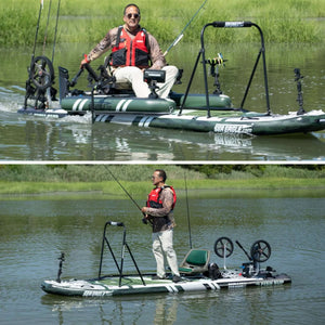 Man fishing from a green and white Sea Eagle FS1210 FishSUP, shown seated and standing with fishing gear.