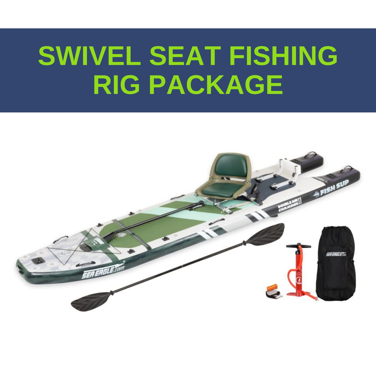 Sea Eagle FS1210 FishSUP with green swivel seat, paddle, pump, and black carry bag.