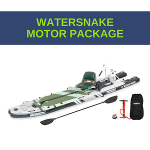 Sea Eagle FS1210 FishSUP with green and white deck, motor, seat, paddle, pump, and backpack.