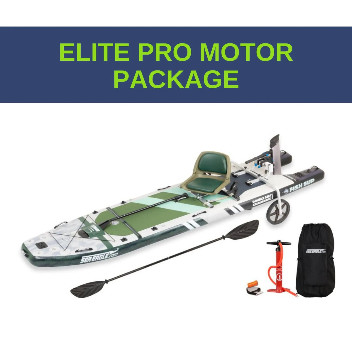 Sea Eagle FS1210 FishSUP with eLite motor, green seat, paddle, pump, and backpack.